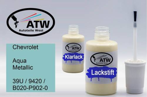 Chevrolet, Aqua Metallic, 39U / 9420 / B020-P902-0: 20ml Lackstift + 20ml Klarlack - Set, von ATW Autoteile West.
